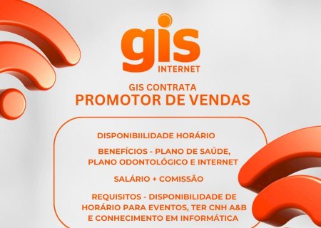 Itaporã - GIS Internet abre vaga para Promotor de Vendas com salário + comissão e benefícios completos