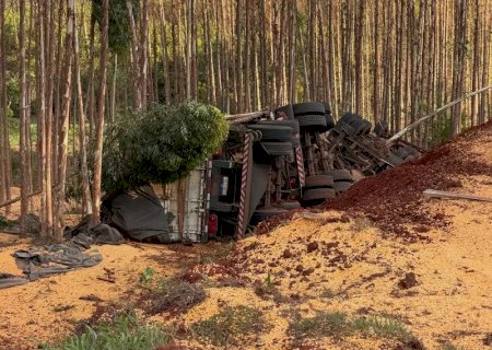 Motorista morre preso às ferragens após carreta com milho tombar na MS-388